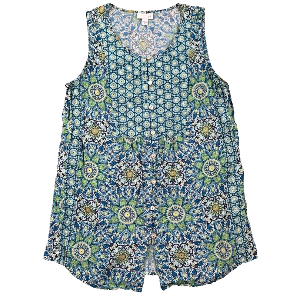 J. Jill Sleeveless Tunic Blouse Womens Small Blue Green Button Front Mixed Print